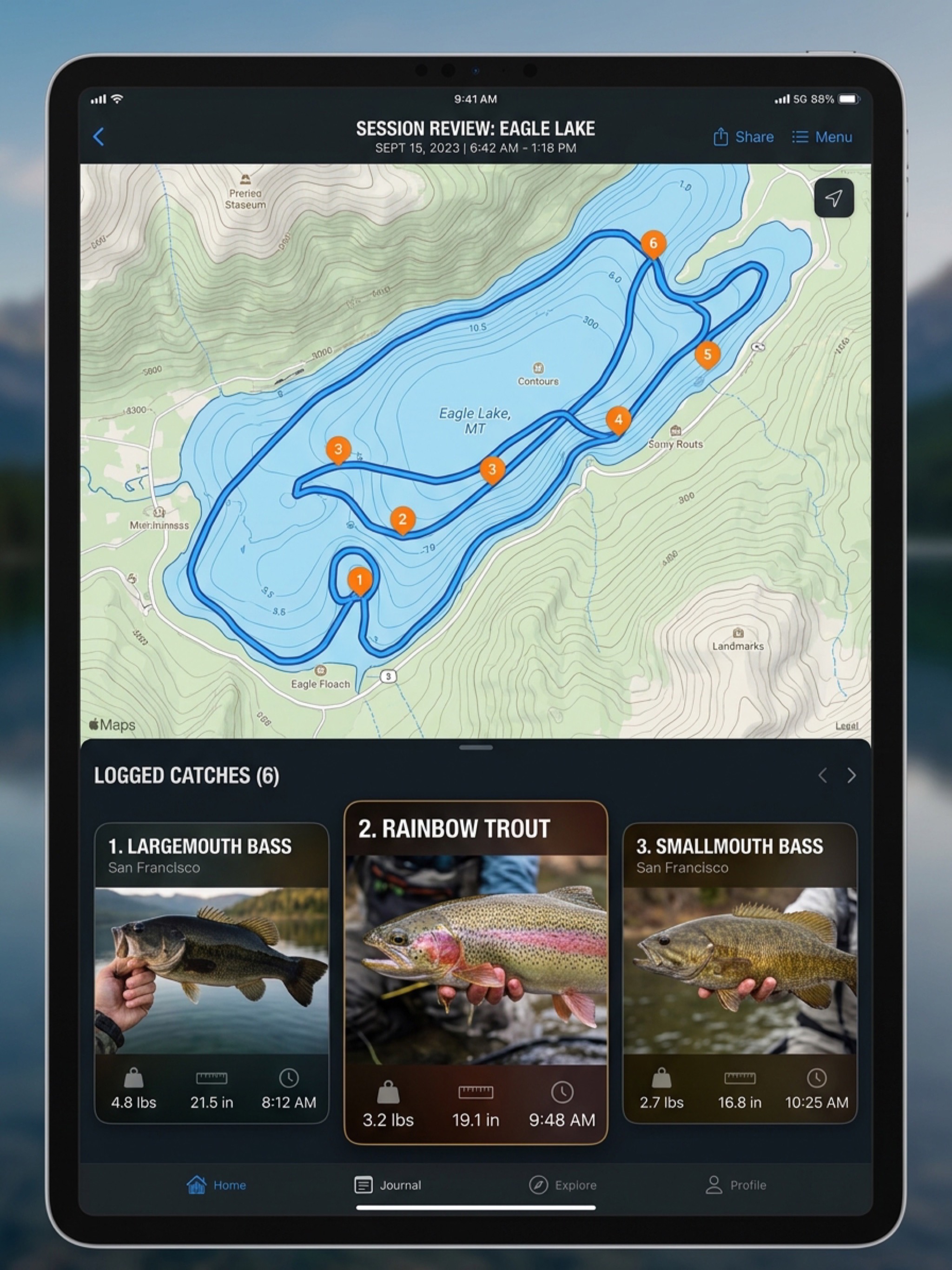 iPad showing session review map of Eagle Lake and a carousel gallery of logged catches.
