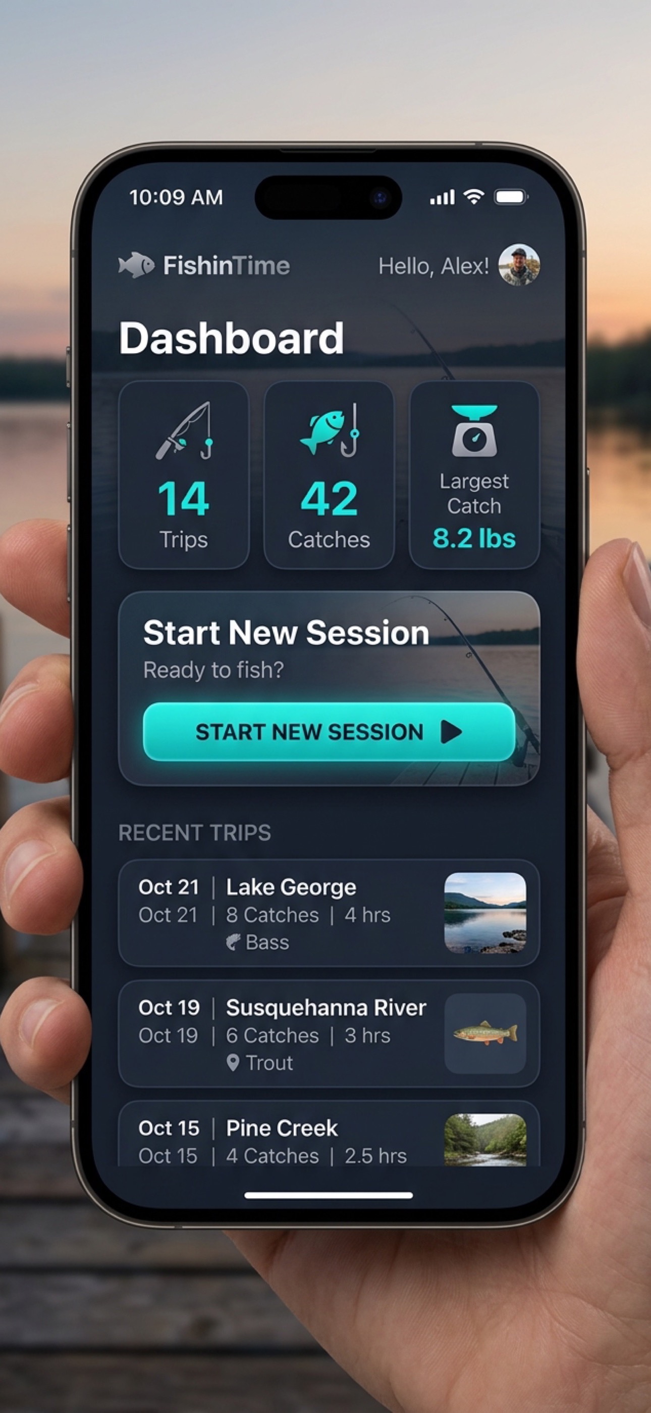FishinTime iOS App Dashboard Screen showing statistics, active session button, and recent trips history.