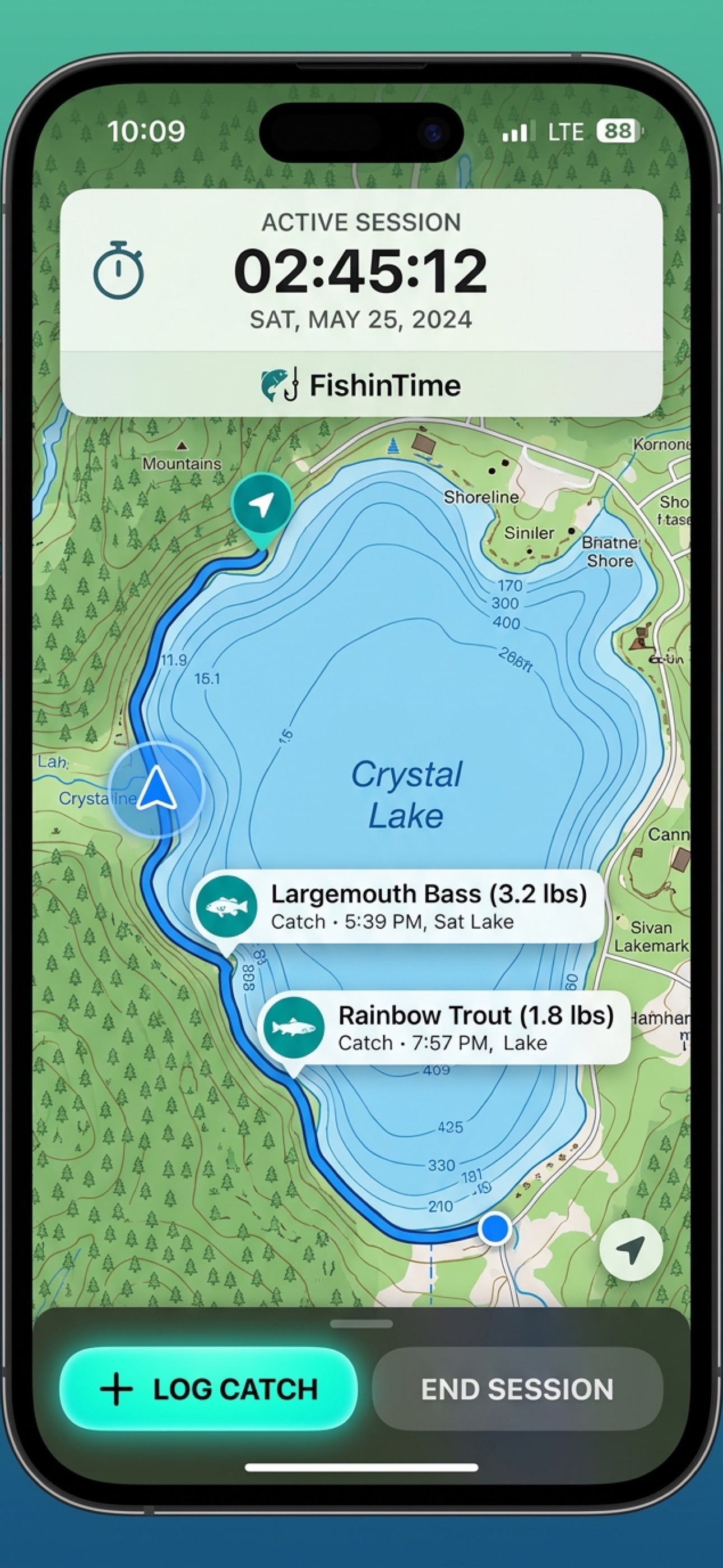 Active GPS map showing route along Crystal Lake with caught fish markers.