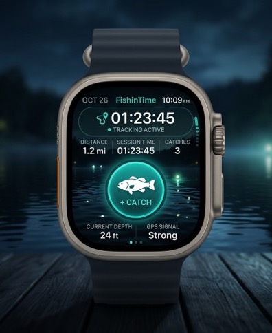Apple Watch showing the active session tracking screen with the circular Log Catch button.